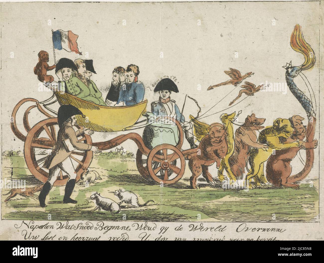 Cartoon on the fall of Napoleon in 1813-1814. Napoleon is leading a chariot containing his brothers and generals and a monkey carrying the French flag. The chariot is pulled by a variety of devils. With two-line Dutch caption. Chariot of Napoleon, 1813-1814, print maker: anonymous, Netherlands, 1813 - 1814, paper, etching, h 150 mm × w 200 mm Stock Photo