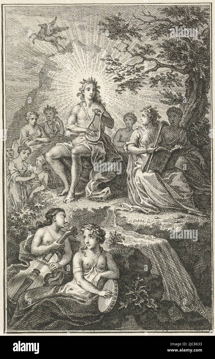 In the midst of his nine Muses, Apollo, surrounded by the sun's rays, plays the lyre. A number of Muses play along with their own musical instruments. In the sky flies Pegasus; Apollo surrounded by the Muses, print maker: Simon Fokke, (mentioned on object), Amsterdam, 1722 - 1784, paper, etching, h 142 mm × w 110 mm Stock Photo
