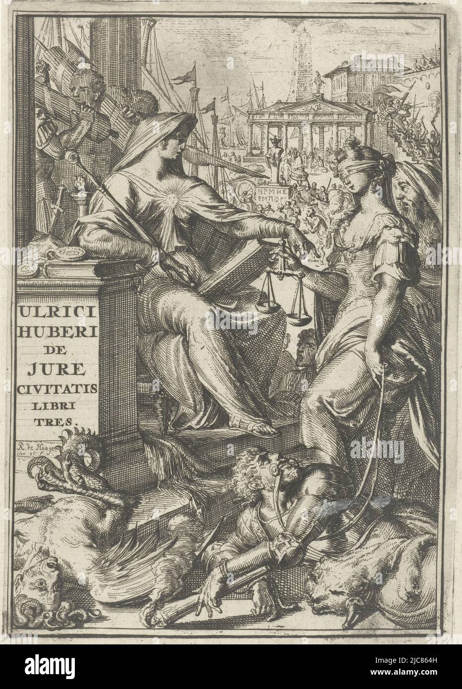 A woman with a heart on her chest, a scepter in one hand and a book in the other (Truth) sits on a throne. Opposite her is a blindfolded woman holding a scale (Justice). On the ground several figures symbolizing evil things. Title print for 'De jure civitatis, libri tres' by Ulricus Huber Ulrici Huberi De jure civitatis libri tres , print maker: Romeyn de Hooghe, (mentioned on object), Romeyn de Hooghe, (mentioned on object), Haarlem, 1694, paper, etching, h 182 mm × w 127 mm Stock Photo