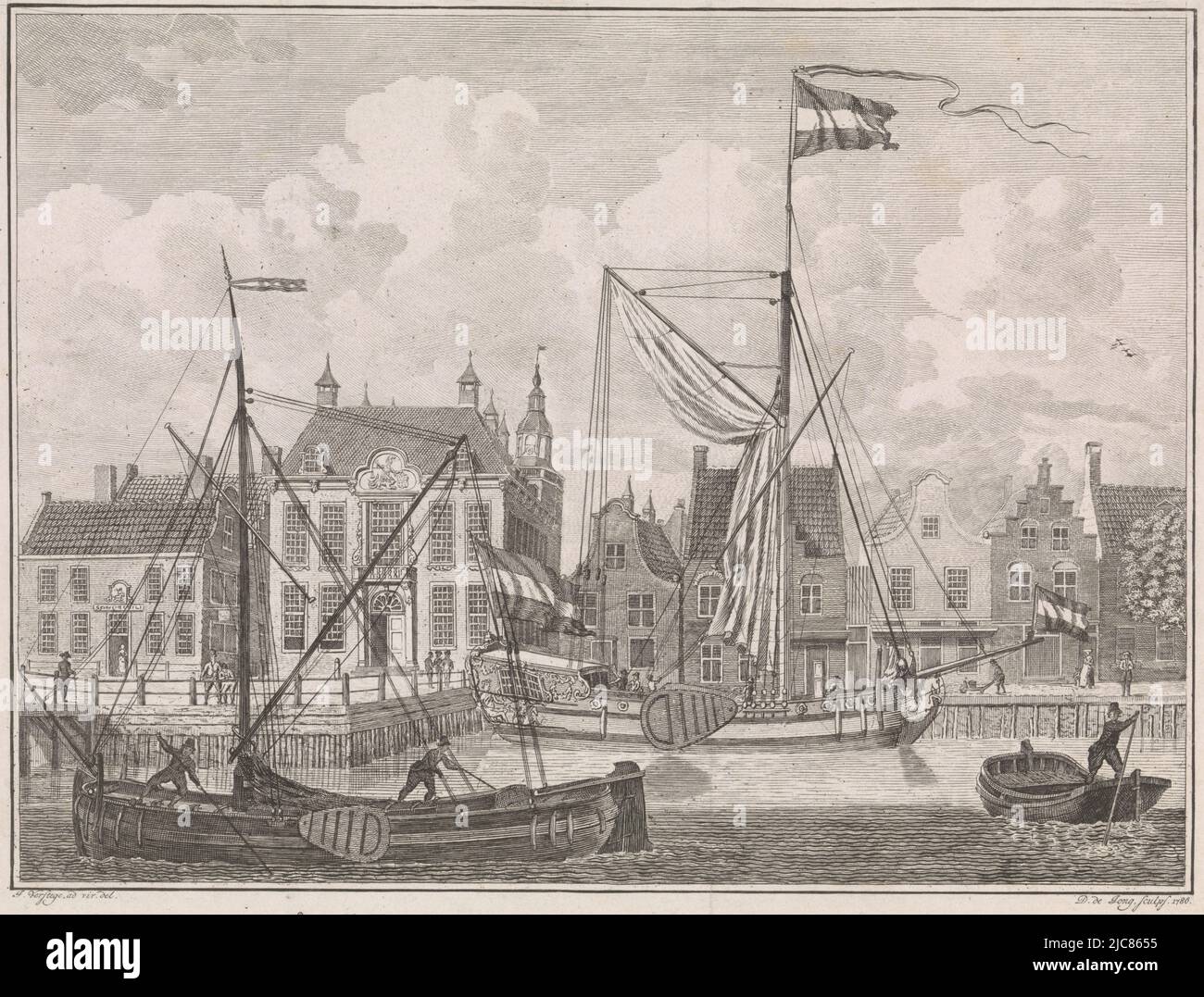 View of the harbor and town hall at Harlingen. The Frisian state yacht is moored near the town hall. In the foreground are a tjalk and a praam. In the margin a caption in Dutch, Gezicht op stadshuis te Harlingen 't Stadshuis te Harlingen , print maker: Dirk de Jong, (mentioned on object), intermediary draughtsman: G. Verstege, (mentioned on object), Noord-Nederland, 1786, paper, etching, engraving, h 198 mm × w 251 mm Stock Photo