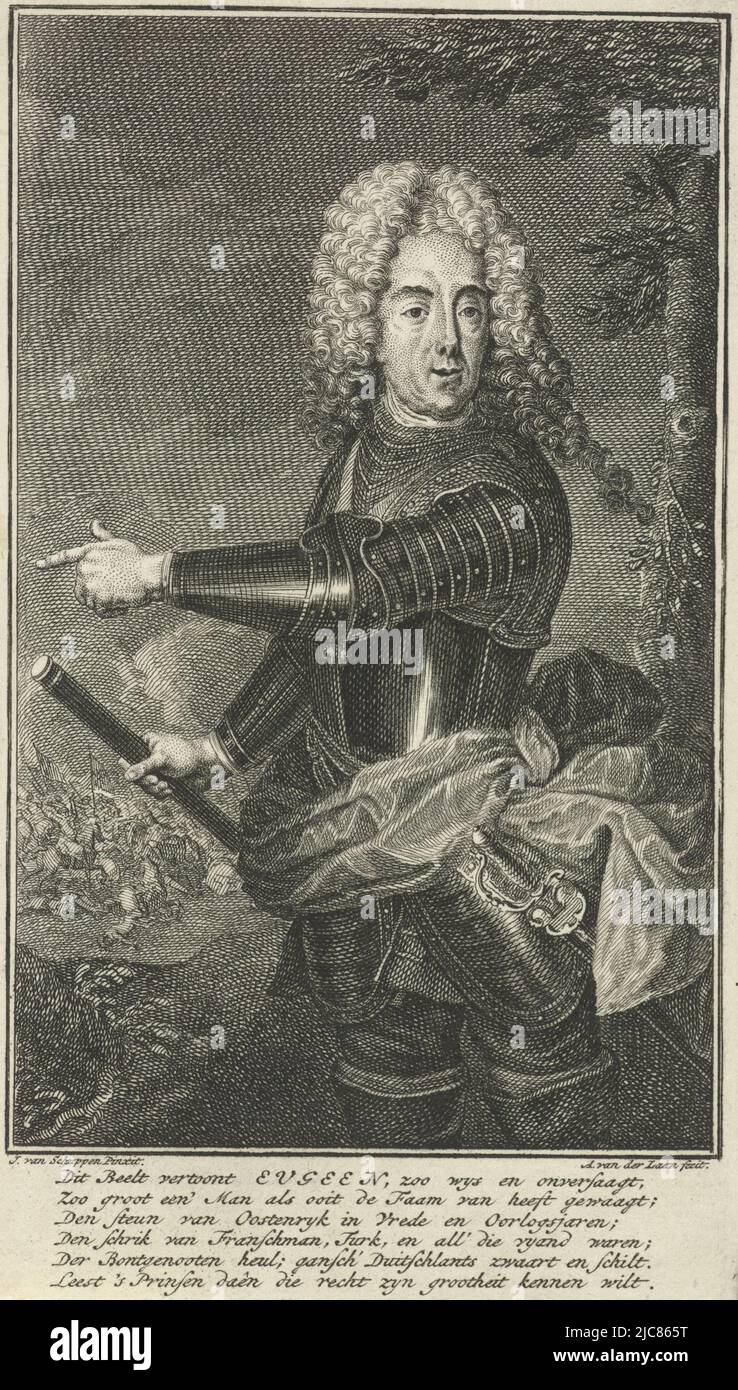 Portrait of Eugenius of Savoy, Lieutenant General, bareheaded and clad in armor. Kneepiece, standing facing left, holding a scepter. In the left background, a battle. In the margin a six-line Dutch verse, Portrait of Eugenius of Savoy, print maker: Adolf van der Laan, (mentioned on object), after: Jacob van Schuppen, (mentioned on object), 1694 - 1755, paper, etching, engraving, h 145 mm × w 82 mm Stock Photo