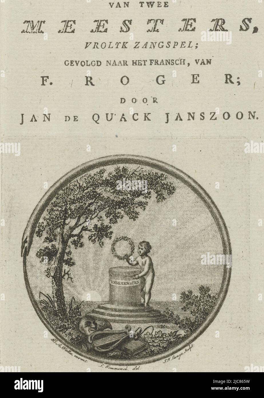 A putto stands with a laurel wreath next to a sacrificial column, in the foreground are a mask, lyre and a book. The circular frame of the scene is formed by the Ouroboros: the serpent biting its own tail. Putto at a sacrificial pillar Title page for: J. F. Roger, the servant of two masters, 1801, print maker: Johannes Fredericus Lange, (mentioned on object), intermediary draughtsman: Leonardus Temminck, (mentioned on object), Bernard Anthonie Fallée, (mentioned on object), The Hague, 1801, paper, etching, letterpress printing, h 79 mm × w 79 mm Stock Photo