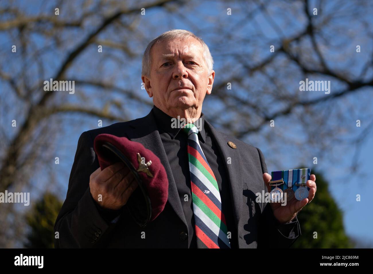 File photo dated 10/03/22 of Falklands War veteran Tom Herring with his beret and medals at his home in Brickhill, Bedfordshire. Stock Photo