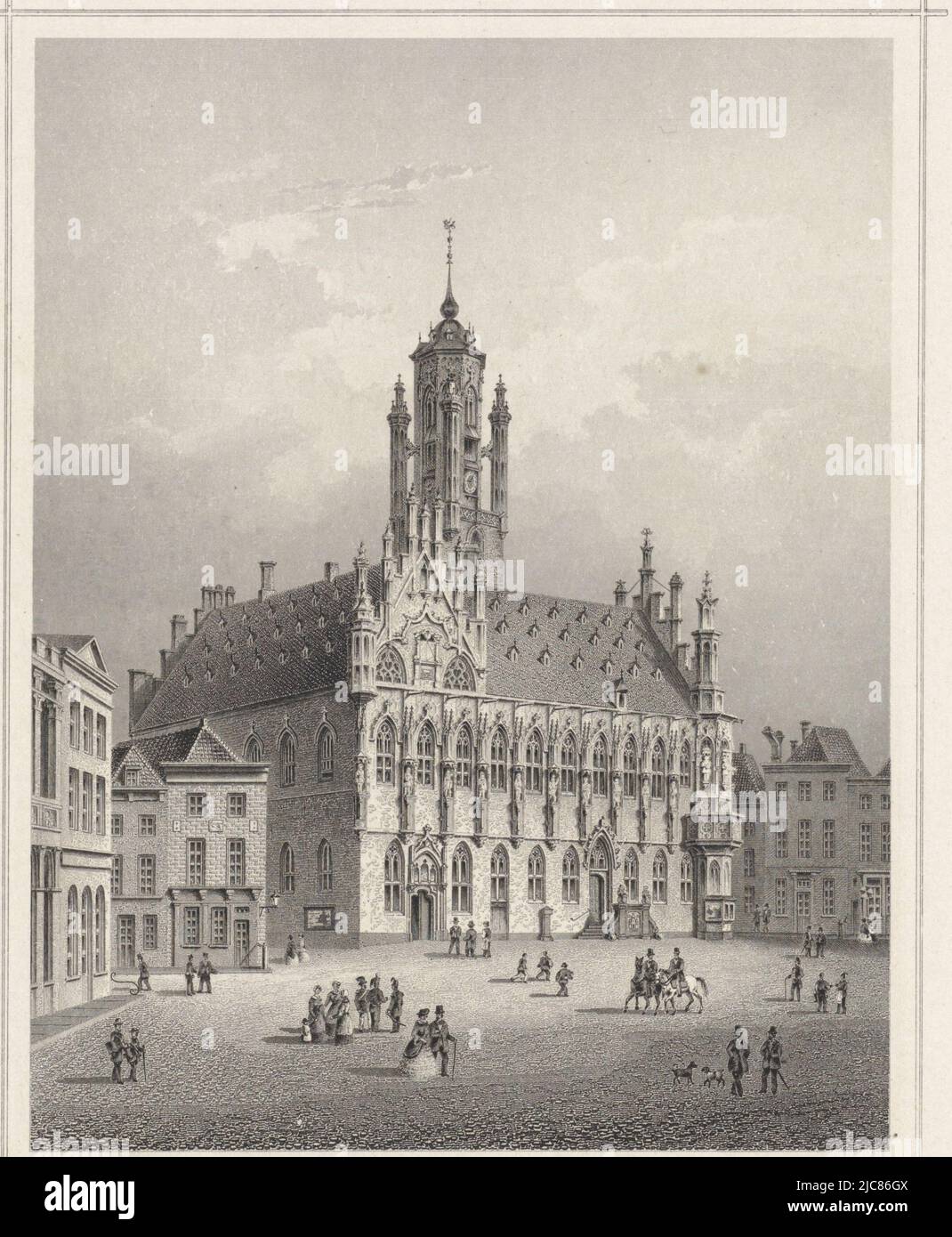 Middelburg Town Hall with figures in the foreground on the square, Middelburg Town Hall, print maker: Adrianus Jacobus Terwen, (mentioned on object), intermediary draughtsman: Carl Christian Schüler, (mentioned on object), publisher: Gustav Georg Lange, (mentioned on object), print maker: Netherlands, publisher: Darmstadt, publisher: Gouda, 1851 - 1871, paper, steel engraving, h 242 mm × w 165 mm Stock Photo