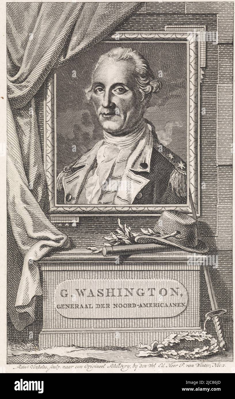 Portrait of George Washington, commander in chief of the colonies in the American War of Independence and first president of the United States, Portrait of George Washington, print maker: Reinier Vinkeles (I), (mentioned on object), after: anonymous, (mentioned on object), Amsterdam, 1786 - 1809, paper, etching, engraving, h 190 mm × w 119 mm Stock Photo