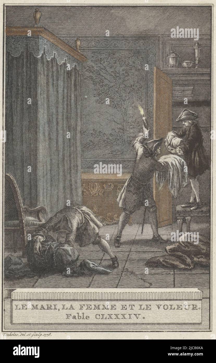 Three men moving items in a bedroom, by the light of a candle. Illustration from Fable CLXXXIV, Le Mari, La Femme et le Voleur, The Couple and the Thief Le Mari, La Femme et le Voleur. Fable CLXXXIV , print maker: Reinier Vinkeles (I), (mentioned on object), Amsterdam, 1776, paper, etching, engraving, h 167 mm × w 121 mm Stock Photo