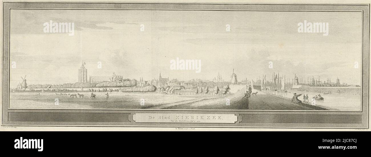 View of Zierikzee, seen from the Westhavendijk, with the Sint Lievensmonsterkerk on the left. Situated around 1743, View of Zierikzee, 1743 The city of Zierikzee, seen from the West Harbour dyke , print maker: Jan Caspar Philips, (mentioned on object), intermediary draughtsman: Cornelis Pronk, (mentioned on object), publisher: Isaak Tirion, (mentioned on object), Amsterdam, 1751 - 1760, paper, etching, engraving, h 169 mm × w 474 mm Stock Photo