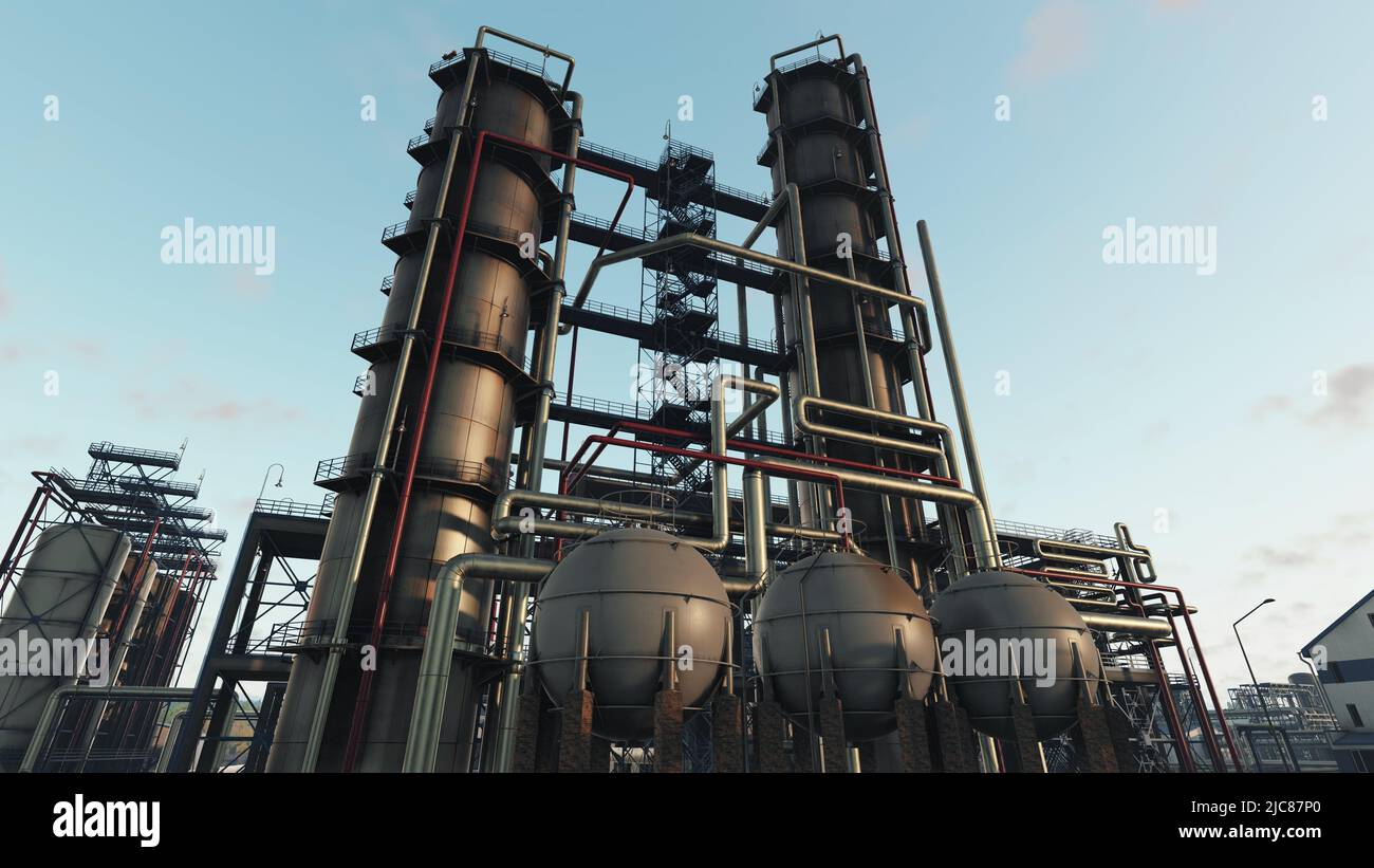 Oil refinery, industrial enterprise, oil refining into gasoline, aviation kerosene, fuel oil