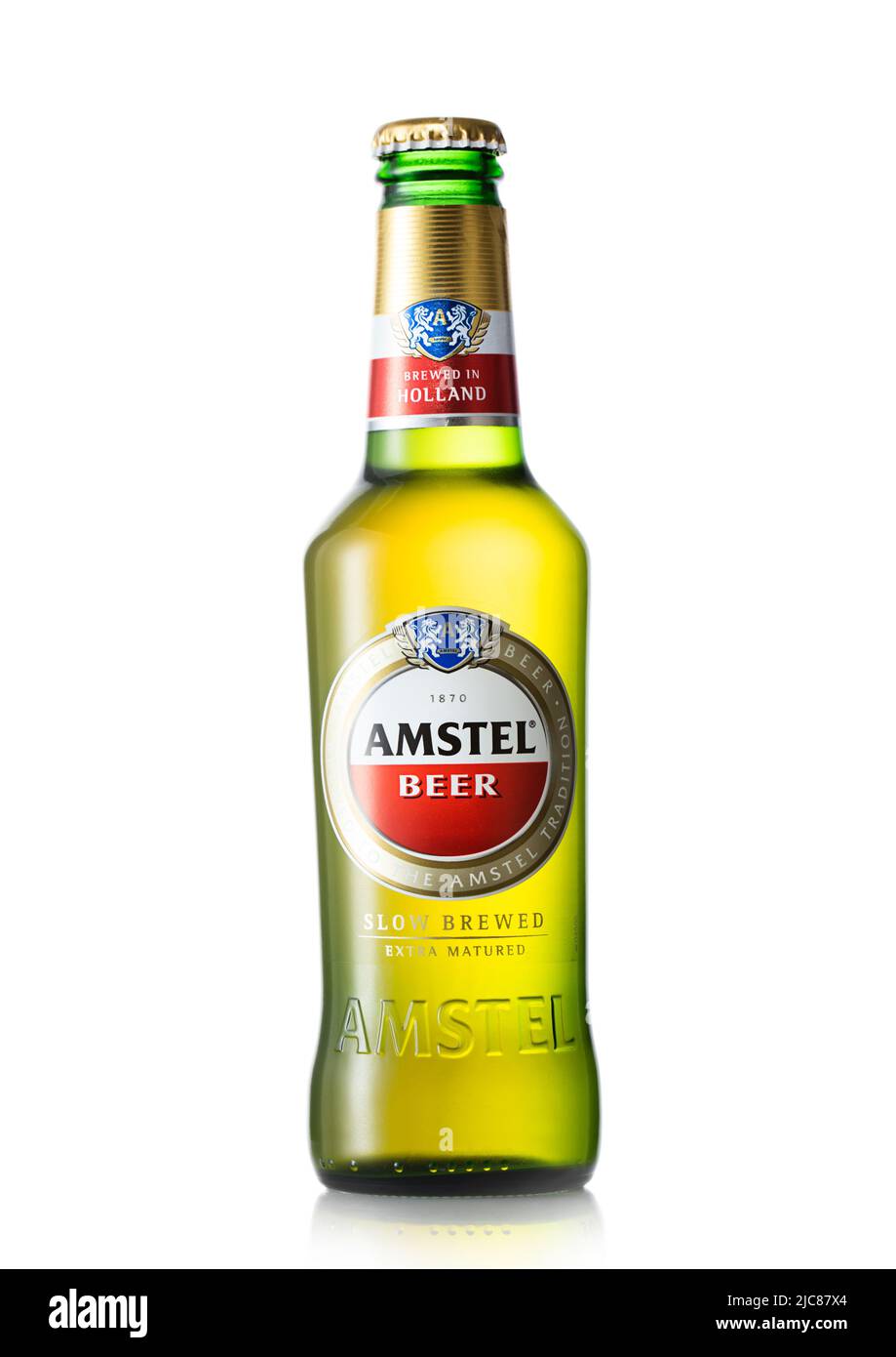 LONDON,UK - MAY 22, 2022: Bottle of Amstel lager beer on white. Product of Hollnand Stock Photo
