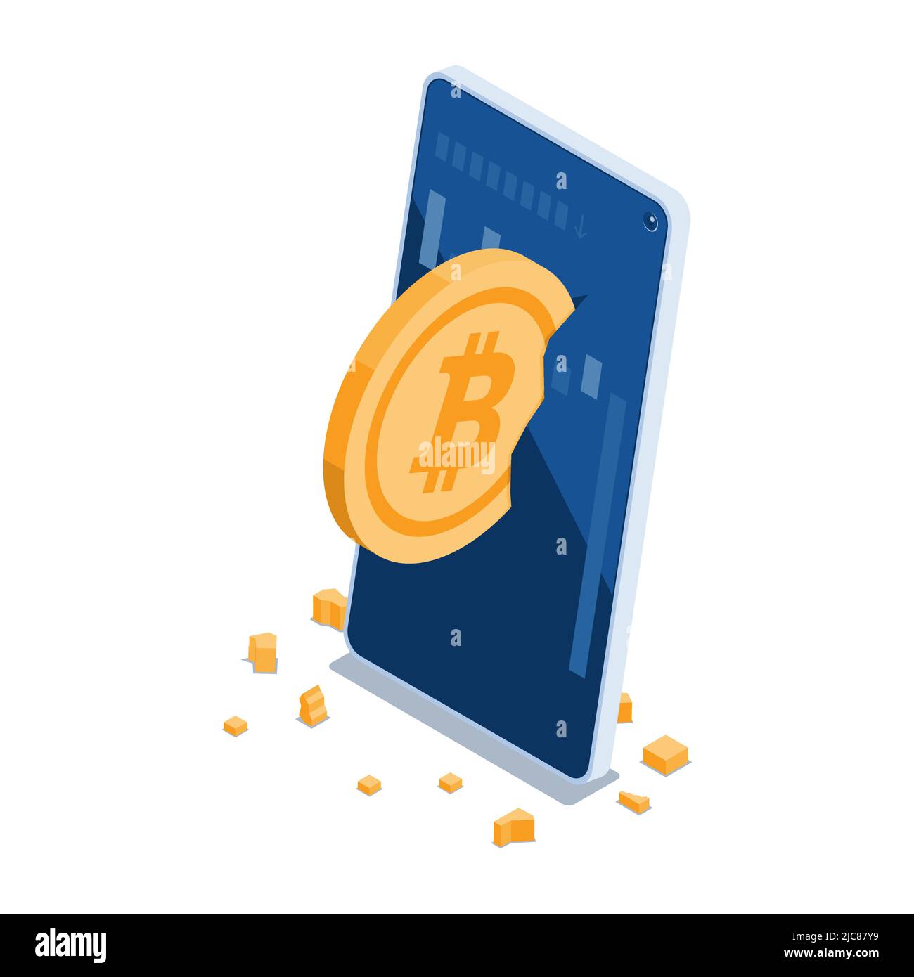Flat 3d Isometric Bitcoin Crashed on Smartphone Screen. Cryptocurrency Market Crash Concept. Stock Vector