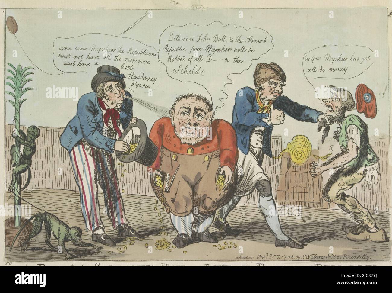 In a fort, a fat Dutchman with pockets filled with gold coins is robbed of his money by an English sailor and spit in the face. Another Englishman threatens a Frenchman dressed in rags. On the left, a tree of liberty with two monkeys. Cartoon on the surrender of the Batavian fleet of nine ships to the English in Saldanha Bay on the Western Cape of South Africa on August 17, 1796. Cartoon on the capitulation of the Batavian fleet in Saldanha Bay, 1796 A Peep into Saldanha Bay or Dutch Perfidy Rewarded , print maker: Isaac Cruikshank, (mentioned on object), publisher: Samuel W. Fores, (mentioned Stock Photo