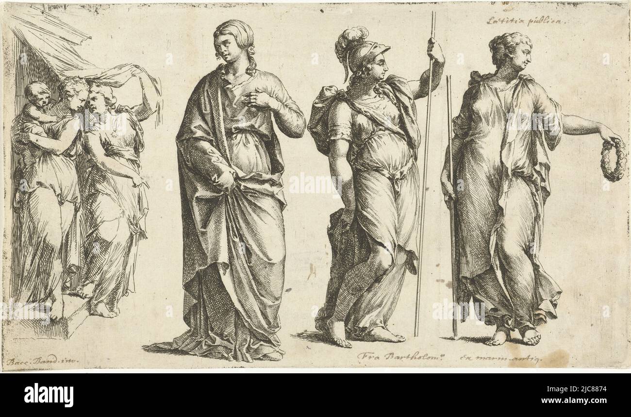 At far left a group of two women, one holding a child on her arm (a). Next to it a woman holding up her skirt (b). In the center right Minerva (?, c). On the far right a statue that could represent several figures, possibly a muse, or the goddess Flora, or Laetitia publica (d), Three women statues and a group with two women and a child Paradigmata graphices variorum artificum , print maker: Jan de Bisschop, Baccio Bandinelli, (mentioned on object), Bartolommeo (Fra), (mentioned on object), Northern Netherlands, 1668 - 1671, paper, etching, h 136 mm × w 235 mm Stock Photo