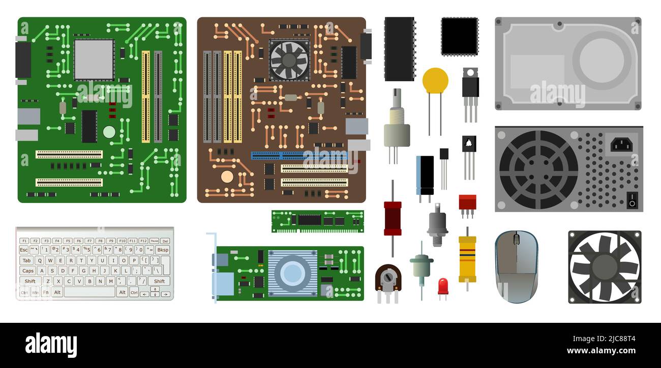 Set of spare part personal computer. PC laptop accessories. Keyboard and mouse. Power supply hard drive. Motherboard and video card. Isolated on white Stock Vector