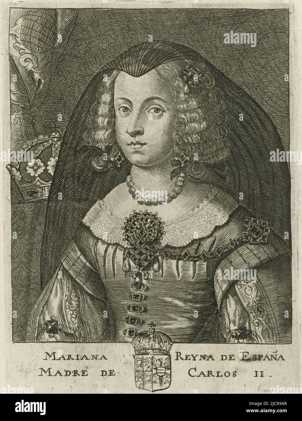 Bust portrait of Maria Anna of Austria, in richly decorated dress (more decoration added compared to previous state) and wearing veil. In the background on the left, a crown. In the margin the coat of arms of the person portrayed and a two-line caption in Latin. Portrait of Maria Anna of Austria, Queen of Spain, print maker: Pieter de Jode (II), unknown, 1628 - 1670, paper, etching, engraving, h 172 mm × w 129 mm Stock Photo