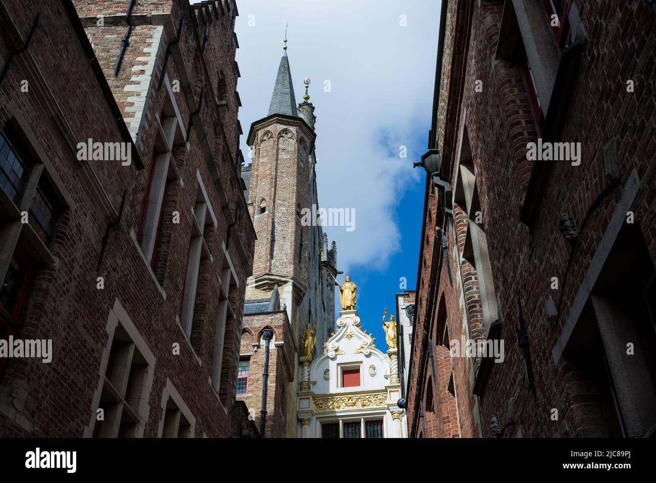 Architectural detail of Blinde-Ezelstraat (Blind Donkey Street), landmark next to Burg Square, former fortress in the city of Bruges, Belgium Stock Photo
