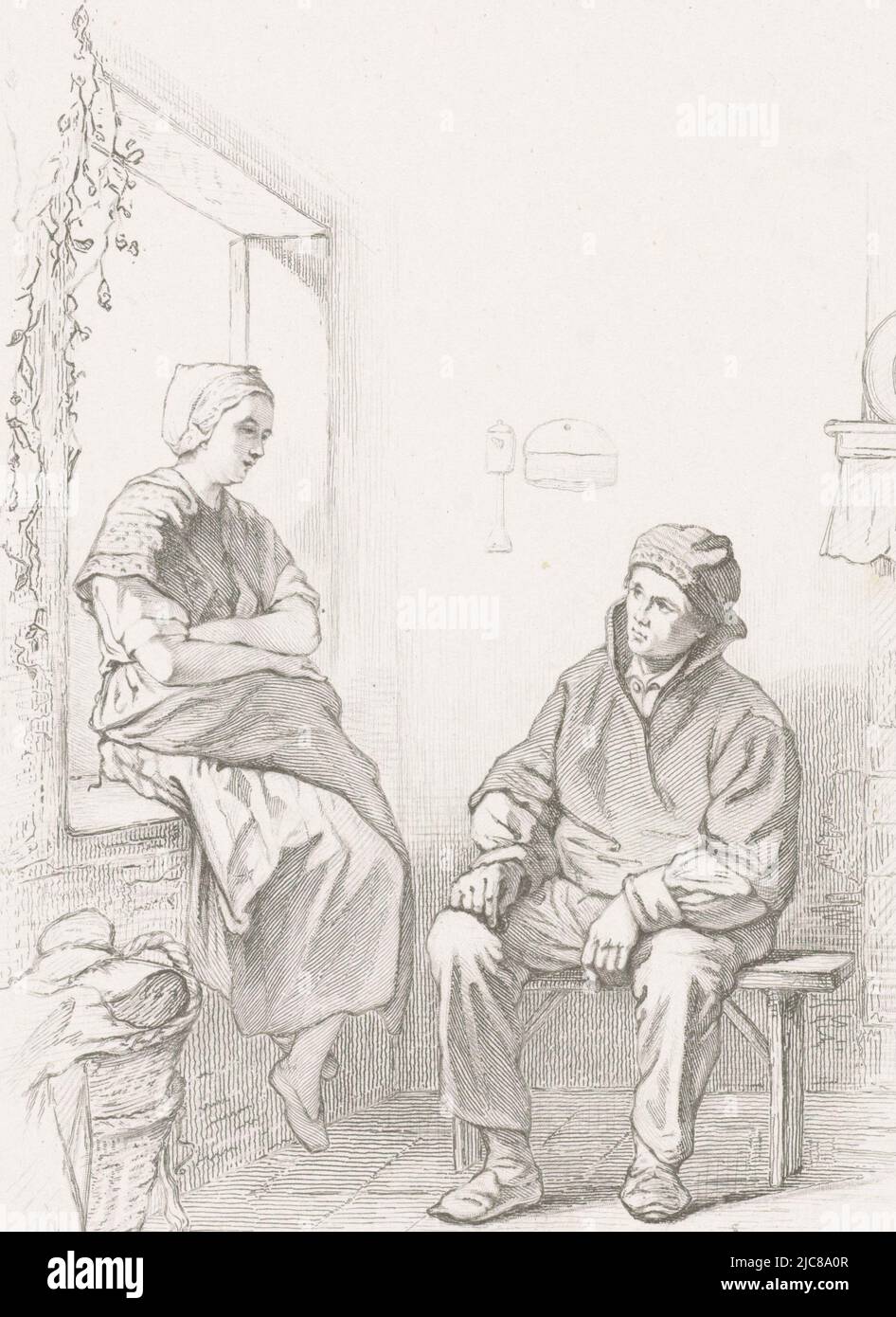 A young fisherman proposes marriage to a fisherman's girl. In his hand the man holds a ring. Part of the series 'Children of the Sea', First Love Children of the Sea., print maker: Johann Heinrich Maria Hubert Rennefeld, (mentioned on object), after: Jozef Israëls, (mentioned on object), Amsterdam, 1861 - 1872, paper, steel engraving, h 203 mm × w 139 mm Stock Photo