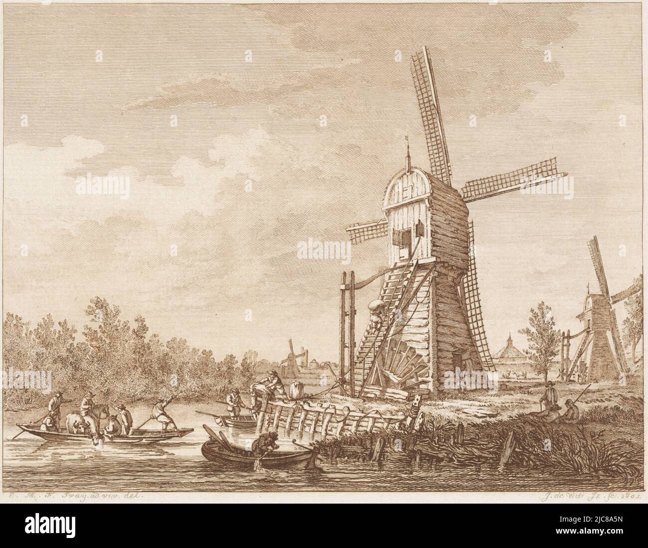 Fifgures and cattle on a ferry near water mills. View of the Ferry at Leerdam and Heukelum in the offing, print maker: Izaak Jansz. de Wit, (mentioned on object), intermediary draughtsman: E.M.F. Tray, (possibly), Haarlem, 1801, paper, etching, h 205 mm × w 234 mm Stock Photo