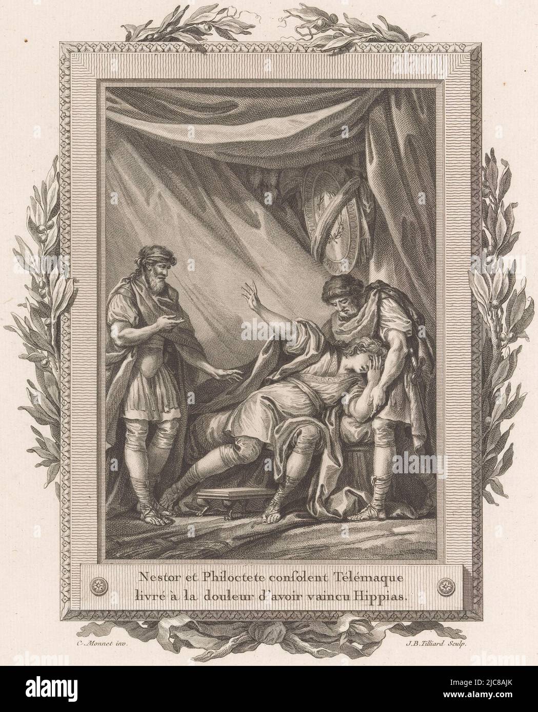 Telemachus, weeping on a bed, is comforted by Nestor and Philoctetes in a tent. The scene is framed by an ornamental frame with olive branches and a bow at the bottom. Numbered upper right: No. II. Telemachus comforted by Nestor and Philoctetes, print maker: Jean-Baptiste Tilliard, (mentioned on object), intermediary draughtsman: Charles Monnet, (mentioned on object), publisher: Pierre Didot, print maker: France, intermediary draughtsman: France, publisher: Paris, publisher: Paris, publisher: Paris, publisher: Paris, publisher: Paris, 1785, paper, etching, engraving, h 315 mm × w 243 mm Stock Photo