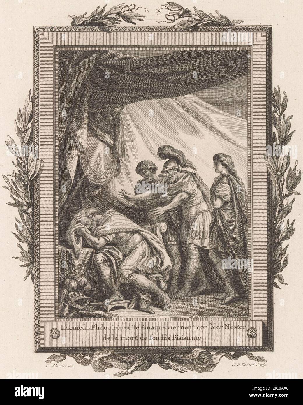 Nestor, seated at a table in a tent with his head in his hands, is visited by Telemachus, Philoktetes and Diomedes who walk into the tent behind him. The scene is framed by an ornamental frame with olive branches and a bow at the bottom. Numbered top right: No. II. Telemachus, Philoktetes and Diomedes comfort Nestor after the loss of his son, print maker: Jean-Baptiste Tilliard, (mentioned on object), intermediary draughtsman: Charles Monnet, (mentioned on object), publisher: Pierre Didot, print maker: France, intermediary draughtsman: France, publisher: Paris, publisher: Paris, publisher Stock Photo