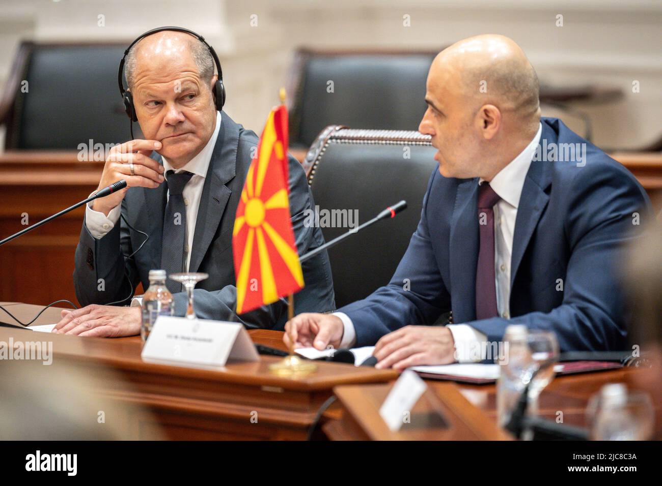 Skopje, North Macedonia. 11th June, 2022. German Chancellor Olaf Scholz (l, SPD), sits next to Prime Minister Dimitar Kovacevski in northern Macedonia. On the second day of his Balkan trip, Scholz visits northern Macedonia and Bulgaria. Credit: Michael Kappeler/dpa/Alamy Live News Stock Photo