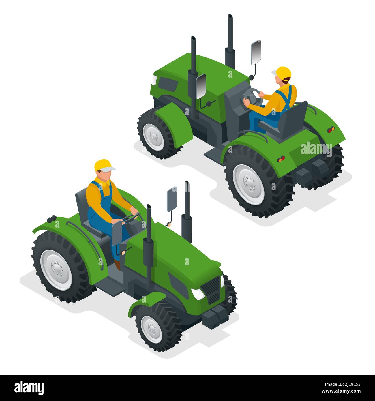 Isometric Tractor works in a field. Agriculture machinery. Plowing in the field. Heavy agricultural machinery for fieldwork. Vector illustration. Stock Vector