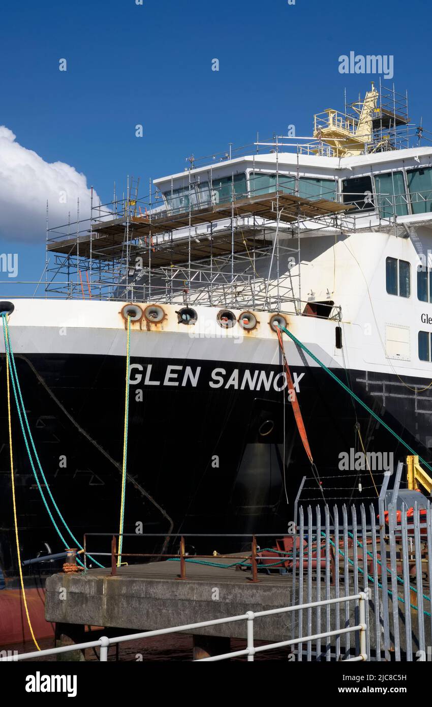 Port Glasgow, Scotland, UK, April 23rd 2022, Ferguson Marine shipyard and the progress of new Calmac ferry named Glen Sannox Stock Photo