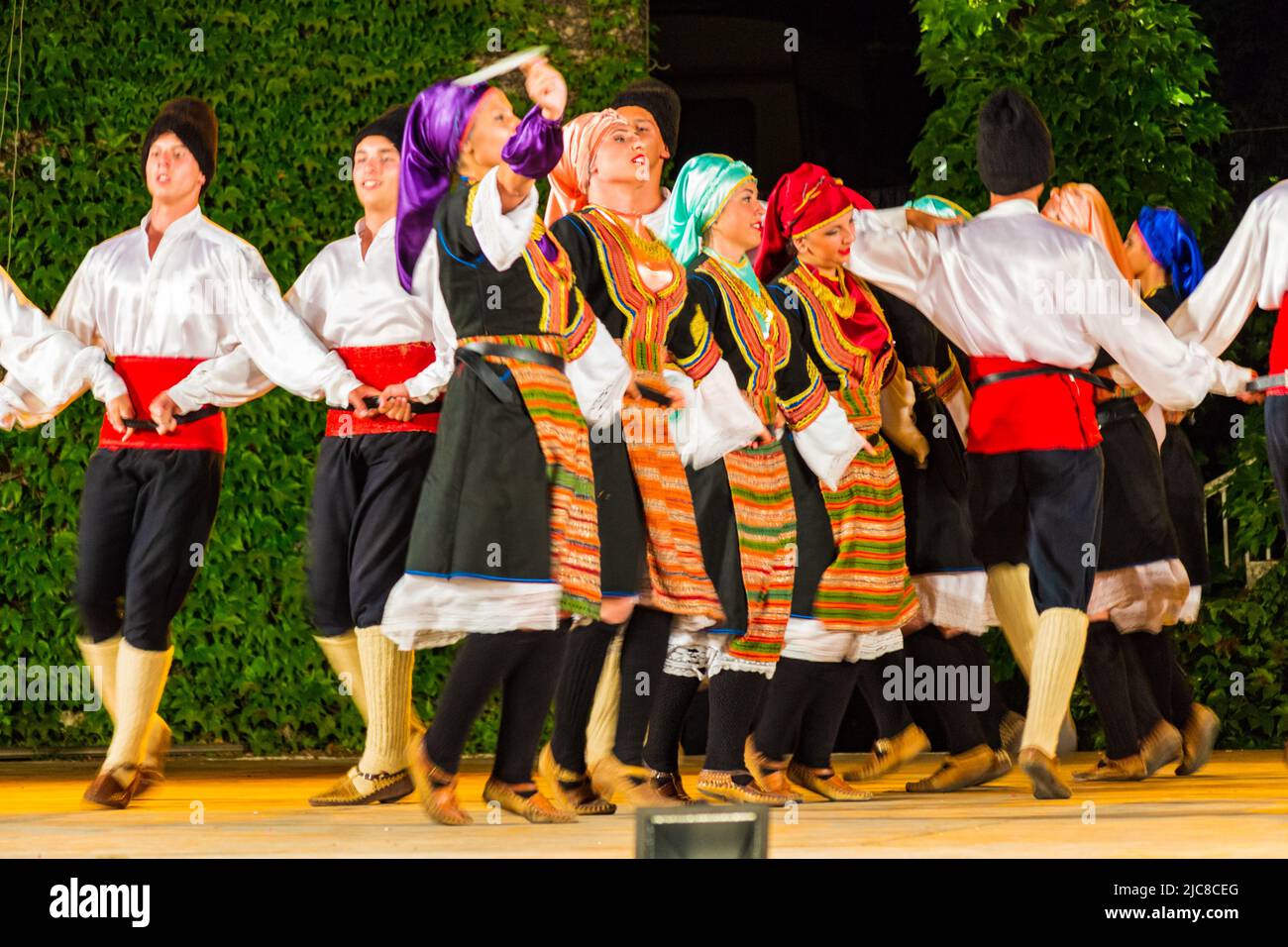 Serbian dancers dressed in traditional costumes at 24th International Folklore Festival,Varna Bulgaria 2015 Stock Photo