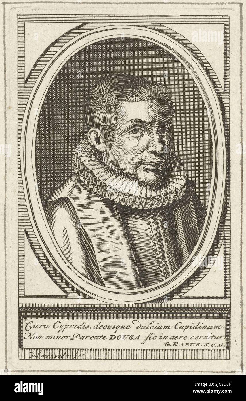 Portrait bust in oval to the right of Johan van der Does, lord of Noordwijk, bareheaded. Beneath the portrait is a two-line verse in Latin, Portrait of Johan van der Does, print maker: Jan Lamsvelt, (mentioned on object), G. Rabus, (mentioned on object), 1684 - 1743, paper, engraving, h 137 mm × w 86 mm Stock Photo