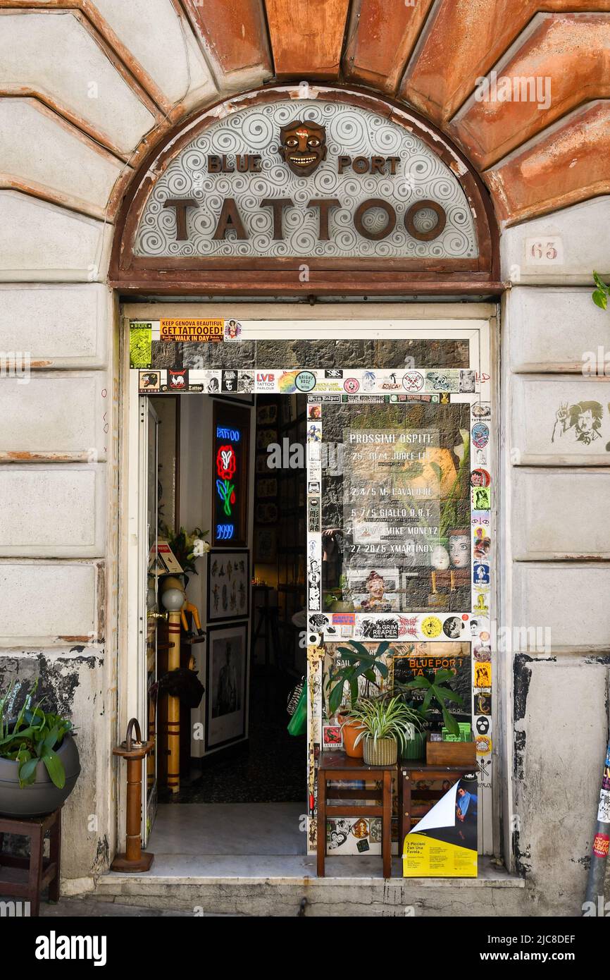 The entranceway to Blue Port Tattoo, a tattoo parlor in the historic centre of Genoa, Liguria, Italy Stock Photo