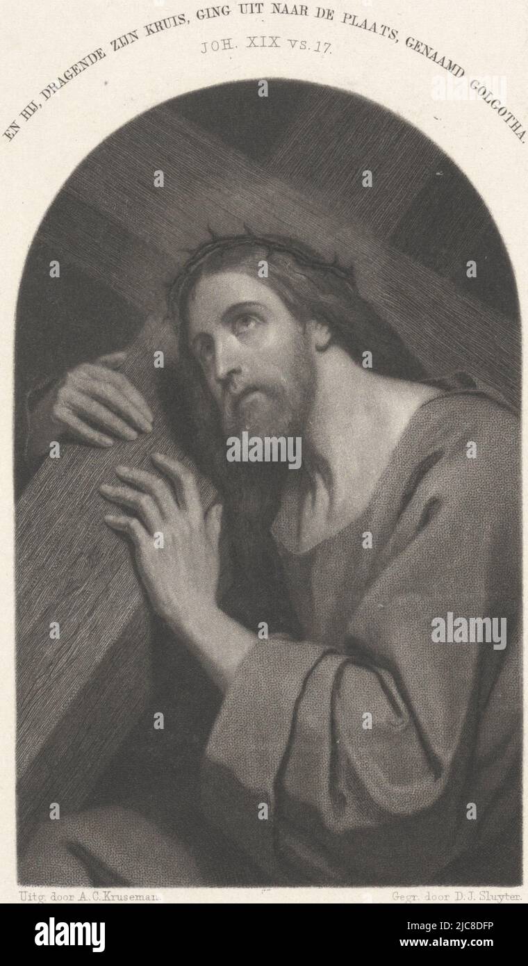 Christ is carrying the cross over his shoulder, his eyes turned upward. Above the print the Bible verse John 19:17, Christ with the Cross Title page for: Christian Album, 1856, print maker: Dirk Jurriaan Sluyter, (mentioned on object), after: Ary Scheffer, publisher: Arie Cornelis Kruseman, (mentioned on object), print maker: Amsterdam, publisher: Haarlem, in or after 1856, paper, etching, steel engraving, h 250 mm × w 182 mm Stock Photo