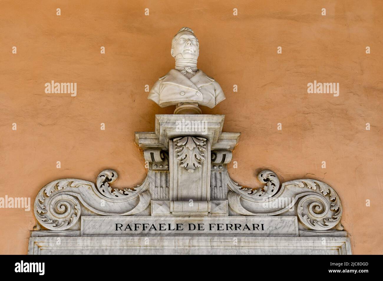 Bust of Raffaele De Ferrari (1803-1876), an Italian philanthropist and politician, on a wall of Palazzo Doria Tursi, town hall of Genoa, Liguria Stock Photo