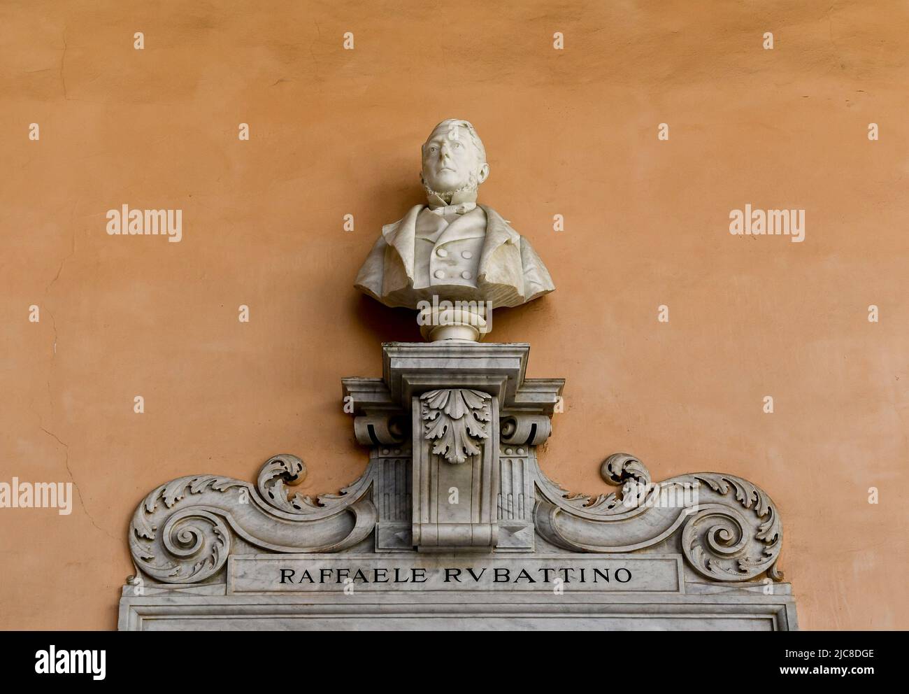 Bust of Raffaele Rubattino (1810-1881), an Italian entrepreneur and shipowner, on a wall of Palazzo Doria Tursi, town hall of Genoa, Liguria, Italy Stock Photo
