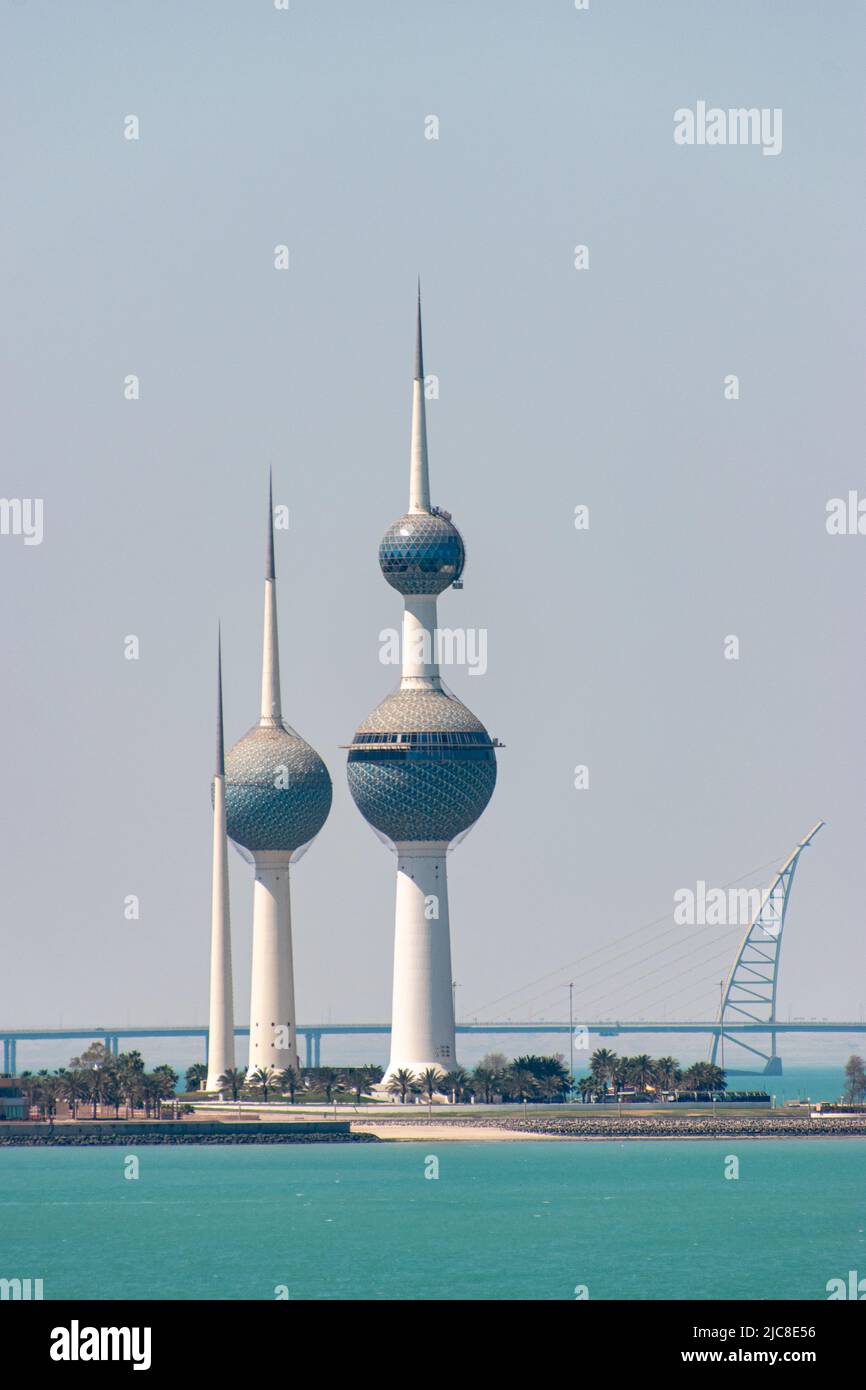 The Kuwait Towers are a group of three thin towers in Kuwait City, standing on a promontory into the Persian Gulf Stock Photo