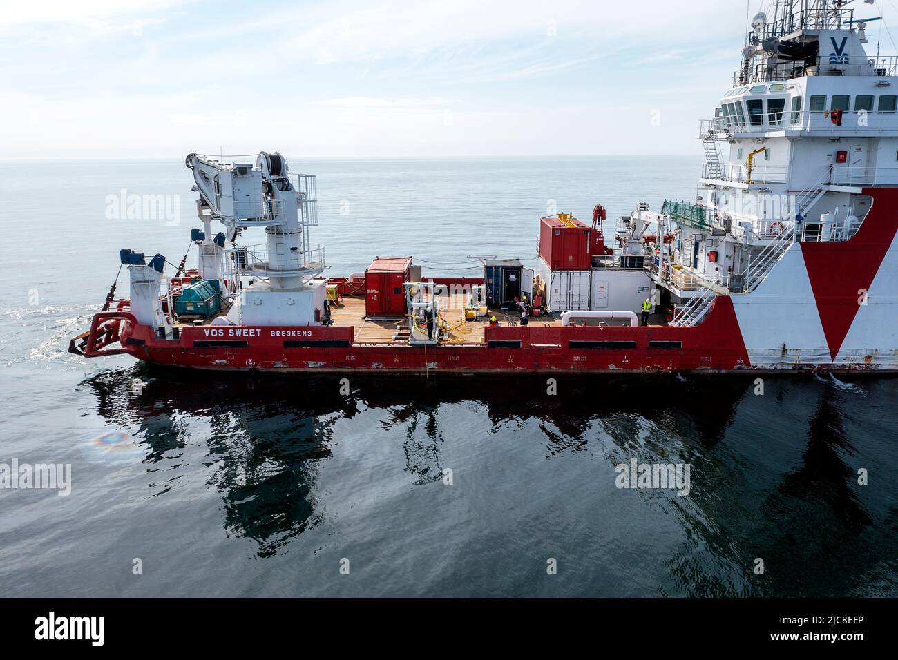 Estonia. 11th June, 2022. Picture taken by a drone on June 10, 2022, shows the vessel VOS SWEET in the Baltic Sea. A new survey of M/S Estonia using a ROV (remotely operated vehicle), a photogrammetric survey is being carried out. 852 people died when MS Estonia sank on September 28, 1994, during a crossing between Tallinn, Estonia and Stockholm, Sweden.  Photo Stefan Jerrevang / TT / code 60160 Credit: TT News Agency/Alamy Live News Stock Photo