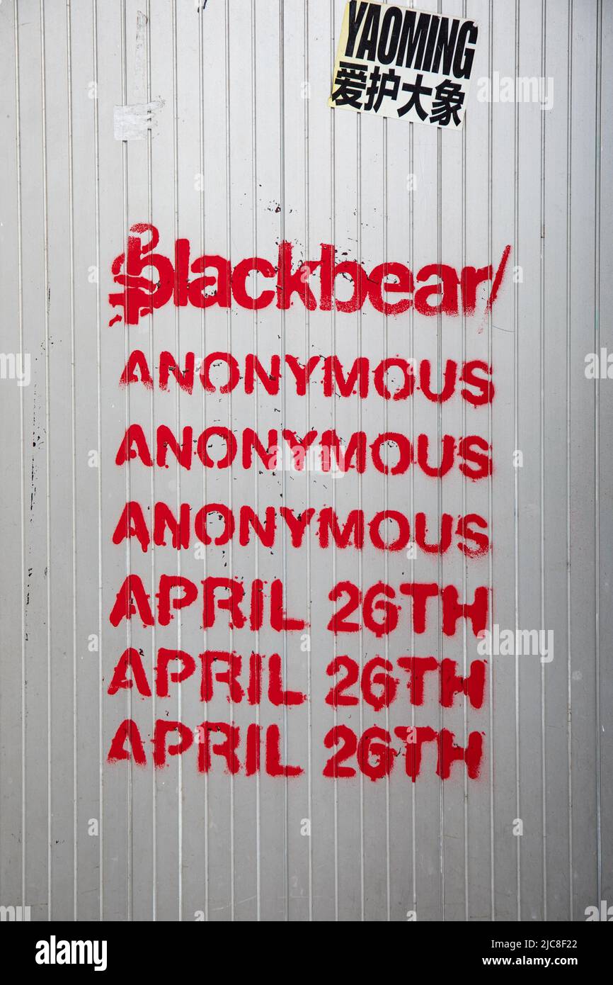 Stencil graffiti advertising Blackbear's album ANONYMOUS that was released 26.4.2019. New York City, United States of America. Stock Photo