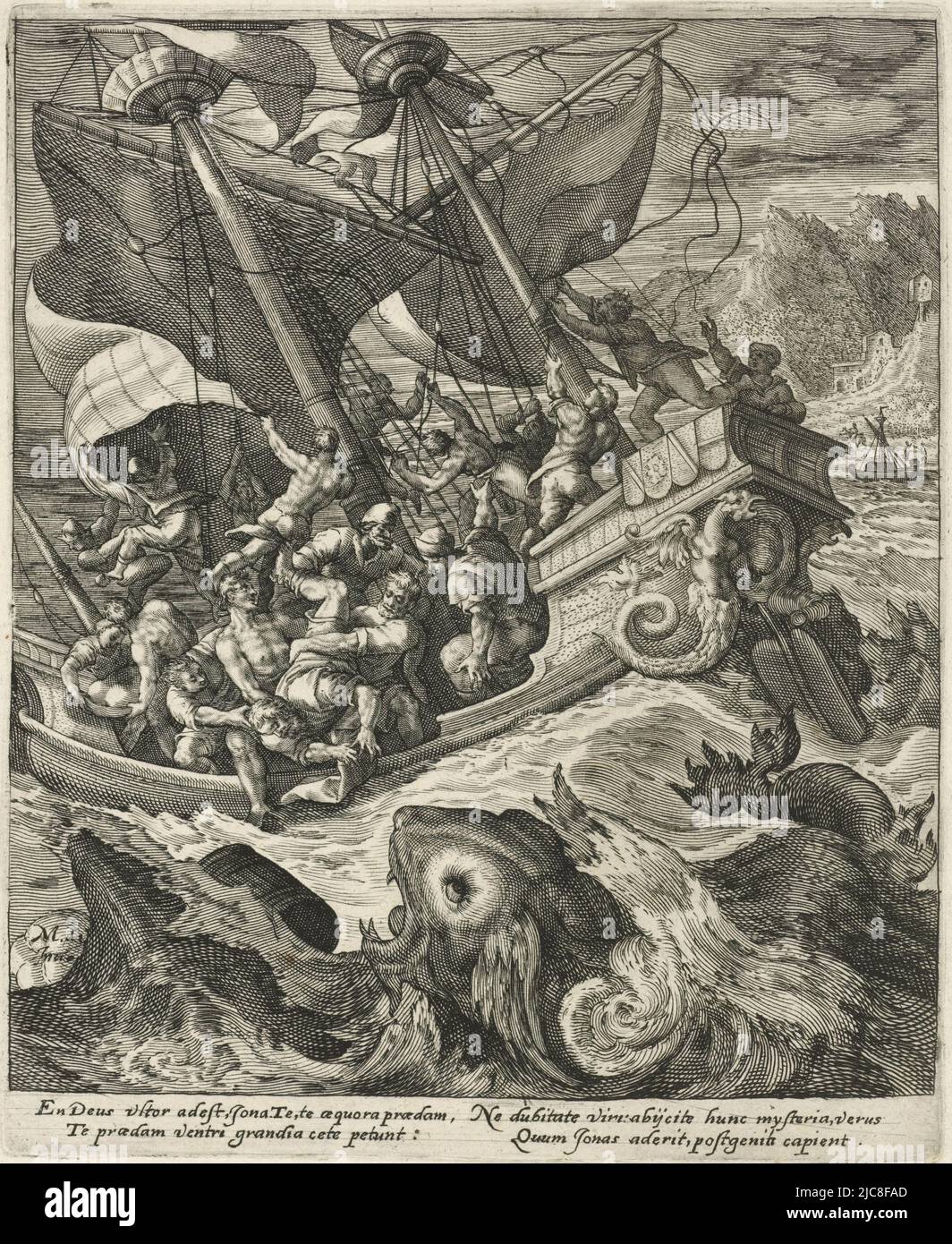 The ship on which Jonah is sailing is ravaged by a severe storm. Jonah asks the sailors to throw him overboard to appease God's anger. A large fish swims in front of the ship. In the margin a two-line caption in Latin. Jonah is thrown overboard by the sailors History of Jonah , print maker: Crispijn van de Passe (I), Maerten de Vos, (mentioned on object), Antwerp, 1574 - 1637, paper, engraving, h 217 mm × w 178 mm Stock Photo