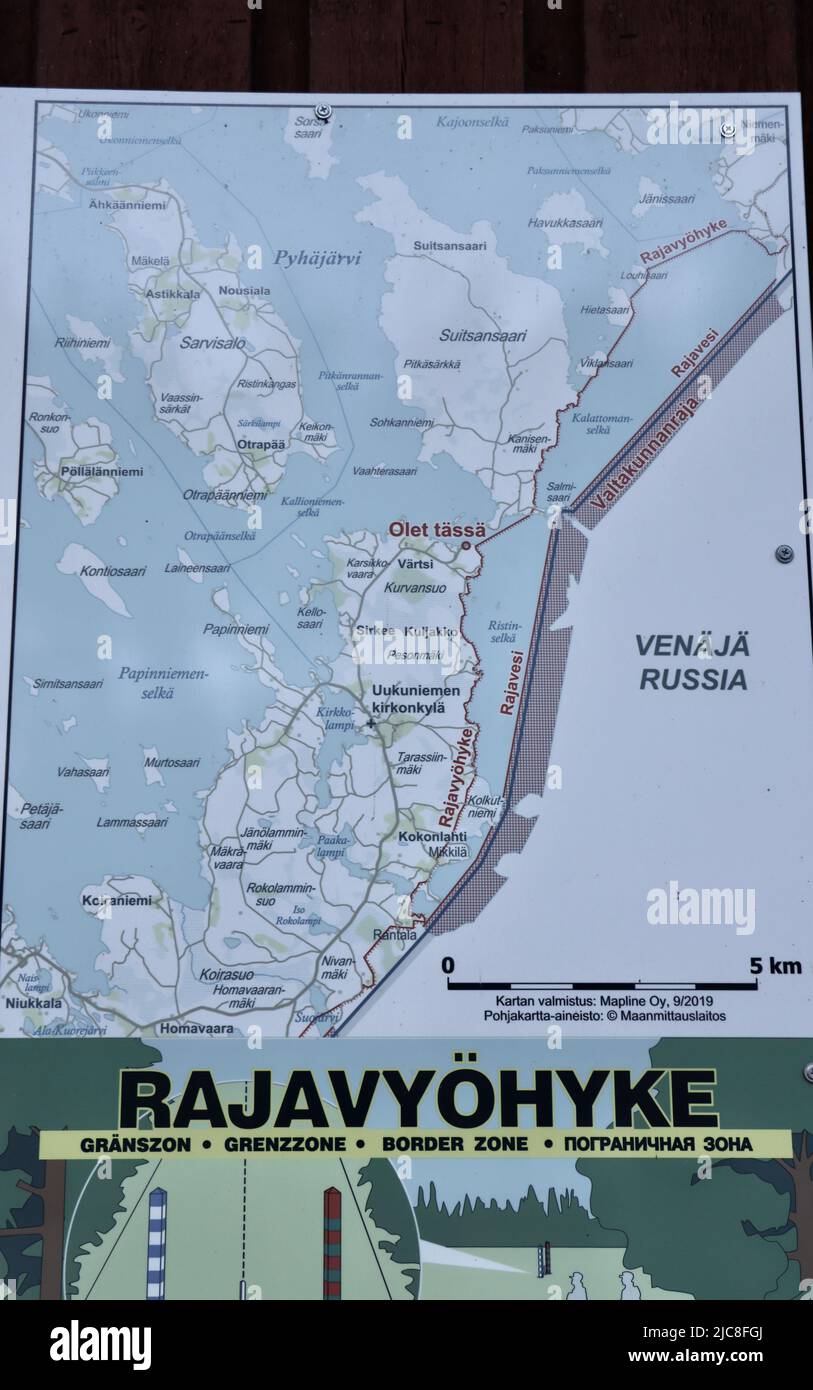 Map of the border zone in Uukuniemi on the Finland side of the Finland-Russia border. Stock Photo