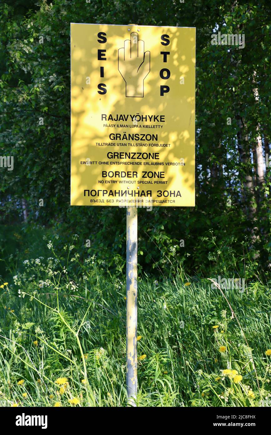 Stop signs at border zone on the Finland side of the Finland-Russia border in Uukuniemi in Eastern Finland Stock Photo