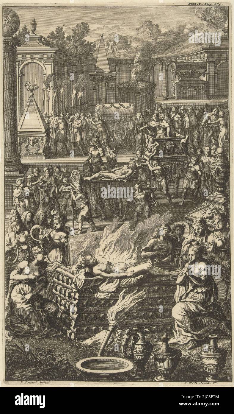 A funeral procession walks in an antique cemetery. In the foreground, a corpse is placed on a funeral pyre. An open coffin and a closed coffin are carried in the funeral procession. Antique funeral procession, print maker: Johannes Jacobsz van den Aveele, (mentioned on object), François Boitard, (mentioned on object), Netherlands, (possibly), 1678 - 1727, paper, etching, h 307 mm × w 186 mm Stock Photo