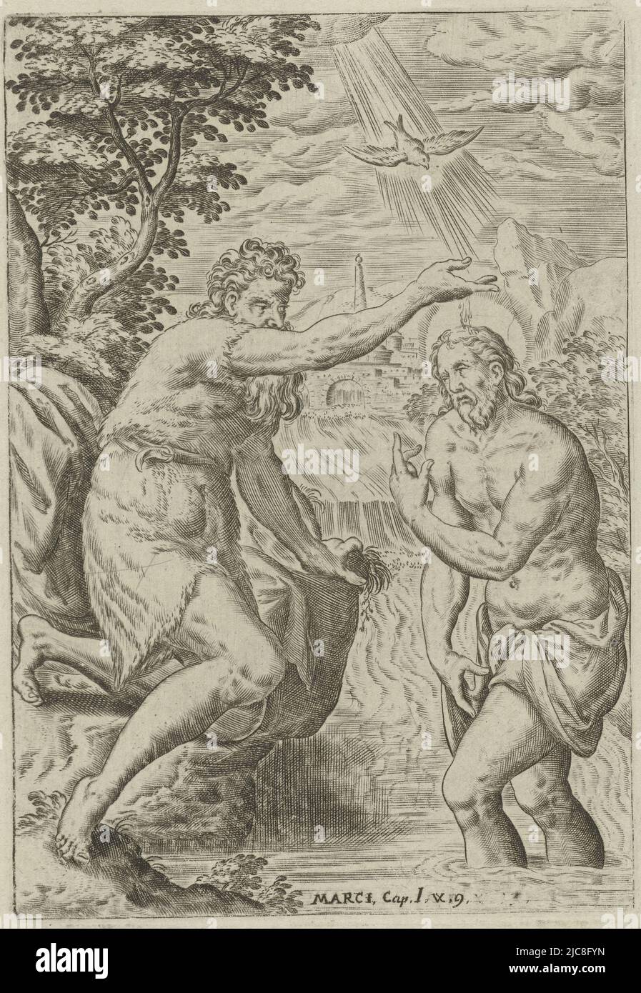 Book illustration accompanying the story of the baptism of Christ (Mark 1:9). Christ is baptized by John the Baptist in the Jordan River. During the baptism, the Holy Spirit descends (as a dove) from heaven and settles on Christ's head. The print includes a caption with a reference to the accompanying Bible passage, Baptism of Christ Scenes from the Bible Biblia sacra , print maker: Abraham de Bruyn, Gerard van Groeningen, Antwerp, 1583, paper, engraving, h 165 mm × w 113 mm Stock Photo