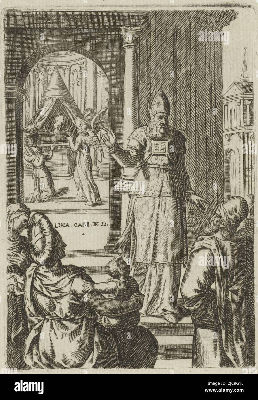 Book illustration accompanying the story of the announcement of the birth of John (Luke 1:5-23). In the background, Zacharias is visited by an angel in the temple during the incense offering. The angel tells him that he will have a son named John. Next, Zacharias comes outside the temple (foreground). He tries to address the crowd, but is unable to speak due to the miracle. He makes do with gestures. The print contains a reference to the accompanying Bible passage, Annunciation of the Birth of John Scenes from the Bible Biblia sacra , print maker: Abraham de Bruyn, Crispijn van den Broeck Stock Photo