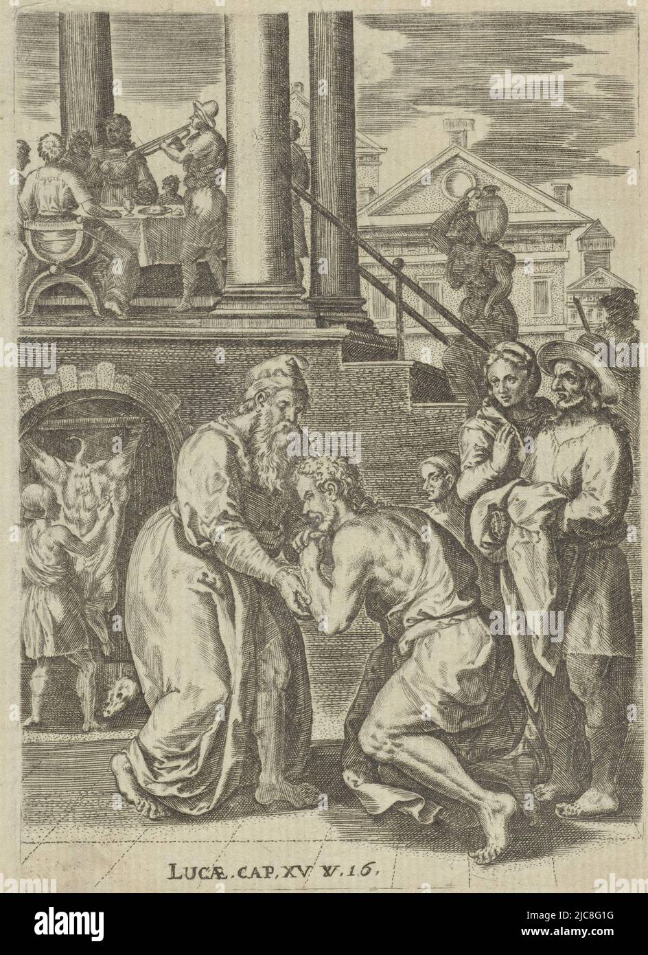 Book illustration accompanying the story of the parable of the Prodigal Son (Luke 15:11-32). The son kneels before his father in rags. The father greets him and organizes a feast for him. The best calf is slaughtered. The print includes a caption with a reference to the accompanying Bible passage, The Lost Son comes home Scenes from the Bible Biblia sacra , print maker: Abraham de Bruyn, Crispijn van den Broeck, Christoffel Plantijn, Antwerp, 1583, paper, engraving, h 162 mm × w 115 mm Stock Photo