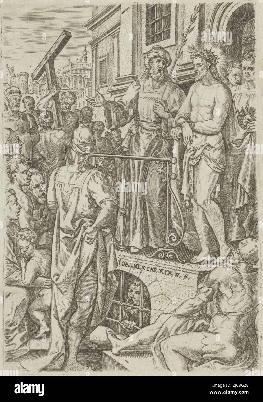 Book illustration of the story of the passion of Christ (John 19:5). Pontius Pilate shows Christ, with crown of thorns and robe of mockery, to the Jewish people. The print includes a caption with a reference to the accompanying Bible passage, Ecce Homo Scenes from the Bible Biblia Sacra , print maker: Johannes Wierix, Christoffel Plantijn, Antwerp, 1583, paper, engraving, h 164 mm × w 112 mm Stock Photo