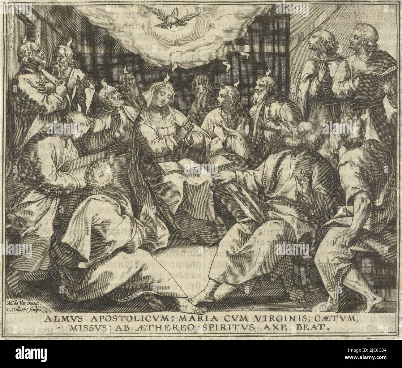 Mary and the disciples of Christ sit in a room praying. In the midst of the group, the dove of the Holy Spirit appears. Above the heads of the apostles and Mary, fiery tongues burn, signs of the outpouring of the Holy Spirit into their hearts. The print has a Latin caption, Outpouring of the Holy Spirit., print maker: Jan Collaert (II), (mentioned on object), Maerten de Vos, (mentioned on object), publisher: Hieronymus Verdussen, (attributed to), Antwerp, 1597, paper, engraving, h 125 mm × w 148 mm Stock Photo