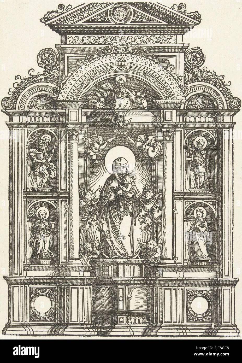 An altar centered on Mary with the Christ Child in a niche, surrounded by six angels, two of whom hold a crown over her head. Above them are the Holy Spirit and God the Father. To the left, Saint Christopher and Mary Magdalene in a niche, to the right, Saint Florian and Saint Catherine. Altar with Mary and Child Altar of the Schne Maria von Regensburg, print maker: Albrecht Altdorfer, (mentioned on object), Germany, c. 1506 - 1538, paper, h 305 mm × w 235 mm Stock Photo