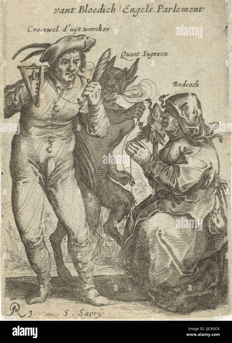 The devil confuses the yarn, 1652. A seated woman spins yarn which is wound by a man from a spool onto a reel, behind him stands the devil who pulls at the yarn, confusing it and instilling evil in the man. The man is identified as Cromwell. The woman with snakes in her hair is here designated as Deceit. Part of a series of copies after prints of beggars and peasants which also include various unfortunate figures from the First English War, c. 1652-1654, Mock Print on Cromwell, c. 1652-1654 Siet t' verwarde Gaerens ent vant Bloedich Engels Parlement Persons made unhappy by the First English Stock Photo