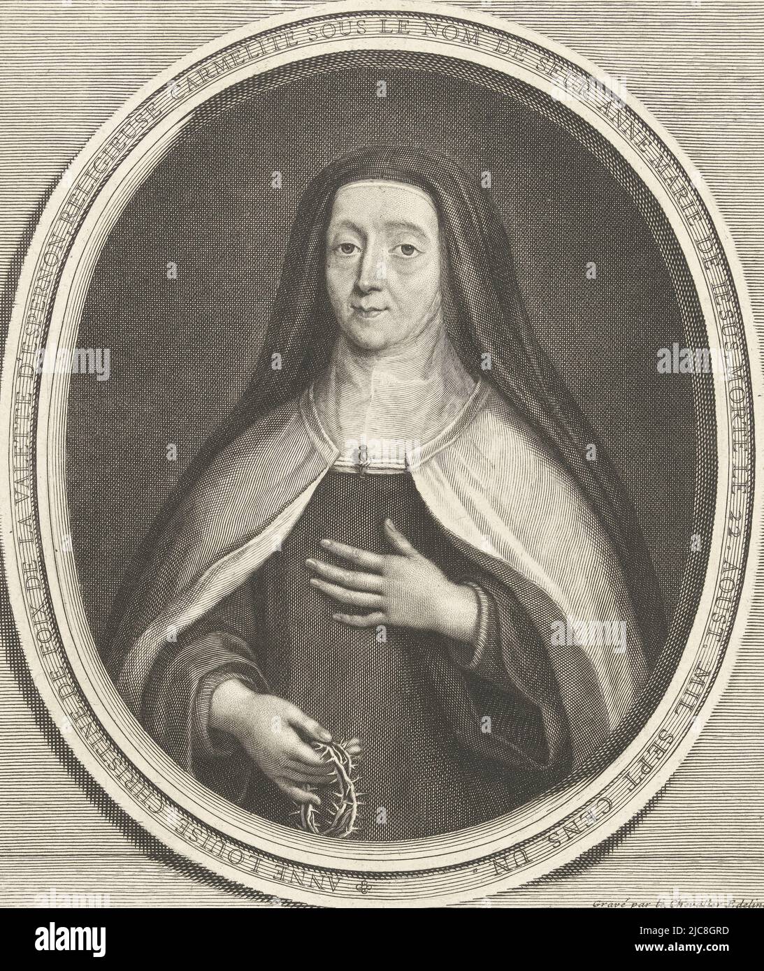 Portrait in half of Carmelite sister Anne-Louise-Christine de Foix de la Valette d'Epernon (1622-1701). Depicted with wreath of thorns in right hand, in oval frame with text, including three lines of Latin. Portrait of Anne-Louise-Christine de Foix de la Valette d'Epernon, print maker: Gerard Edelinck, (mentioned on object), France, (possibly), 1652 - 1707, paper, engraving, h 226 mm × w 174 mm Stock Photo