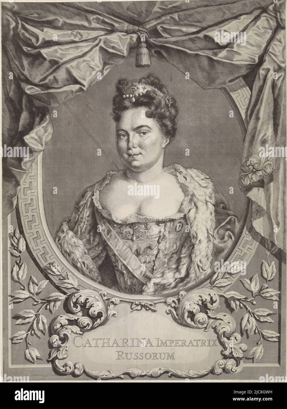 Portrait of Catherine I, Empress of Russia, print maker: Jacob Houbraken, (mentioned on object), Amsterdam, 1725 - 1780, paper, etching, engraving, h 539 mm × w 405 mm Stock Photo