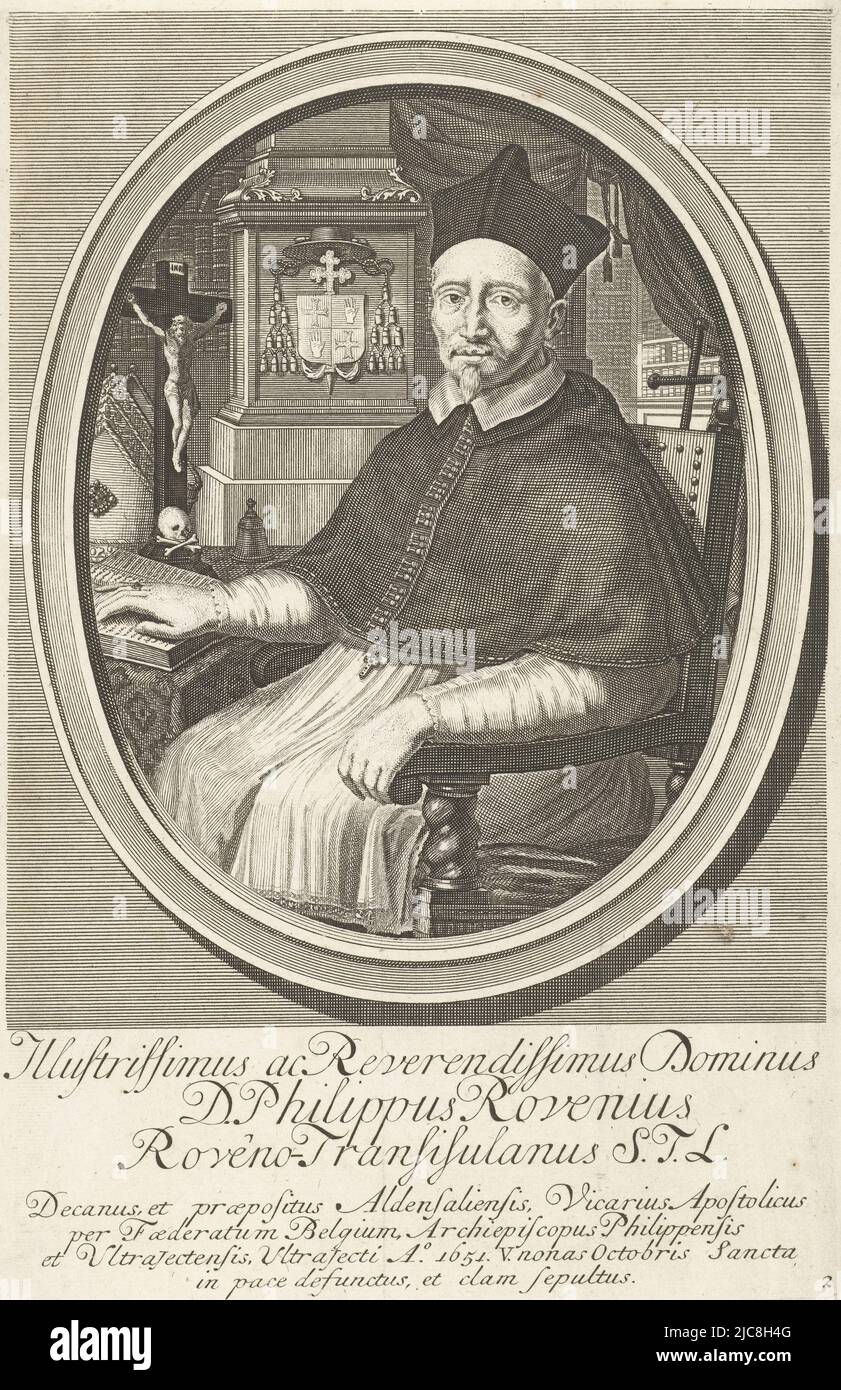 Portrait of Apostolic Vicar Philip of Rouveen (Philippus Rovenius) seated on chair with beside him on table open Bible and crucifix. At the base of a column is his coat of arms. Kneepiece in oval frame. Portrait of apostolic vicar Philip of Rouveen (Philippus Rovenius) Illustrissimus ac Reverendissimus et clam sepultus , print maker: François van Bleyswijck, unknown, Leiden, 1681 - 1726, paper, etching, engraving, h 249 mm × w 158 mm Stock Photo