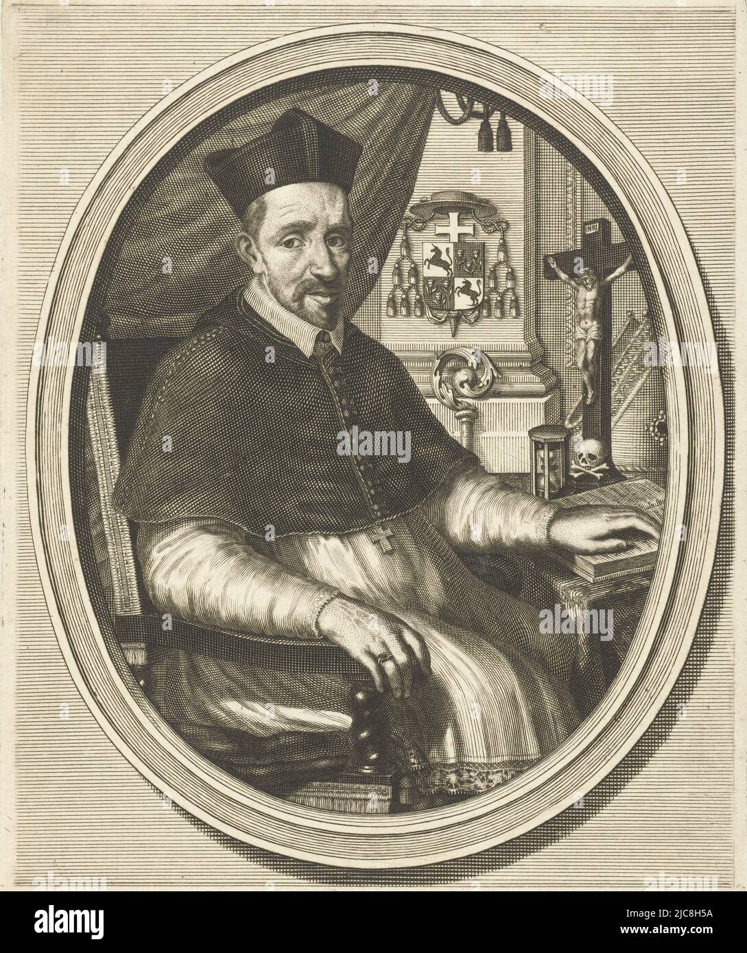 Portrait of Apostolic Vicar Sasbout Vosmaer seated on chair with next to him crucifix and cross staff. His coat of arms is shown on a pilaster. Kneepiece in oval frame, Portrait of Apostolic Vicar Sasbout Vosmaer, print maker: François van Bleyswijck, unknown, Leiden, 1681 - 1726, paper, etching, engraving, h 243 mm × w 157 mm Stock Photo